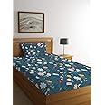 LOOMLYFE 300 TC Cotton Feel Glace Elastic Fitted Printed Single Bed Bedsheet with 1 Pillow Cover Fits Upto 6 Inches Mattress,Size- 42X75X8 Inches, Bluemultiflower