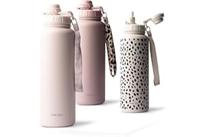 MAMEIDO Botella Termica con Pajita 500 ml, Botella Agua Acero Inoxidable, Botella Agua Gimnasio sin BPA, Cantimplora estanca, Termo con Correa de Transporte, Water Bottle (Blush Kissed)