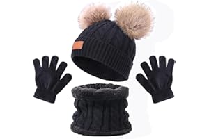 ZSTNPP 3 PCS Kids Winter Warm Beanie Hat Scarf Gloves Set, Thermal Knit Crochet Thick Fluffy Toddler Scarf Double Pom Pom Bobble Hat with Faux Fur for Girls Boys Children Toddler Aged 3-8 years old