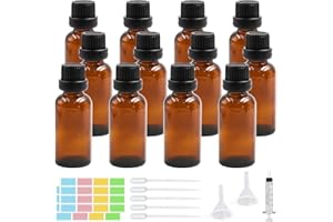 Episkey 12 Stück Braunglasflasche 30ml, Tropfflasche aus Glas Braune Apothekerflasche Set inkl. kleine Glasflaschen Tropfer Trichter Spritze und Etikett (Braun, 30ml)