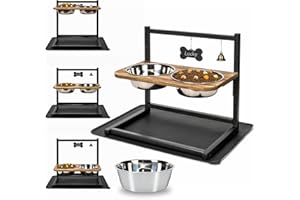Emfogoo Dog Bowls with Stand Raised Dog bowl for Large Dogs 3 Heights 5in 9in 13in with 2 Stainless Steel Dog Food Water Bowl Dog Bowl Stand for Small Medium Large Dogs （With Bell and Plaque）