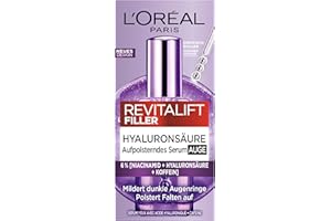 L'OREAL PARIS L'Oréal Paris Siero oculare con acido ialuronico all'1, 5% e caffeina per una zona luminosa degli occhi, con applicatore a sfera rinfrescante, siero occhi Revitalift Filler, 1 x 20 ml