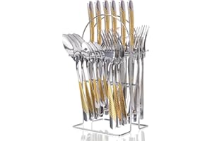 WEKITY Gilded Silverware Set, 24 Piece Cutlery Set with Holder, Service for 6, Mirror Polished Tableware Set for Home Kitchen (Gold Silvery)