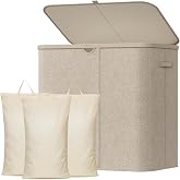Lifewit Laundry Basket 150 L with Lid, Collapsible Dirty Clothes Basket with 3 Compartments and Removable Bags, Laundry Baske