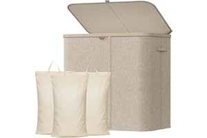 Lifewit Tvättkorg med Lock, Stor Vikbar Tvättkorg 3 Fack med Avtagbara Påsar, Laundry Basket för Sovrum, Badrum, Studentboend