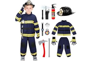 deAO Zestaw kostiumów strażaka z gaśnicą wodną, kapelusze, krótkofalówki, zegarki, kompasy, gra fabularna na Halloween, cosplay, niebieski, rozmiar 110 (3-4 lata)