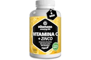 VITAMAZE - AMAZING LIFE Vitamina C 1000mg (6 Mesi) + Zinco + Bioflavonoidi, 180 Compresse, 1 Compresse per Giorno, Vegan Vitamina C Pura Dose Forte, Qualità Tedesca, Integratore Alimentare senza Additivi. Vitamaze®