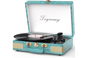 Trynnay Plattenspieler Schallplattenspieler 3-Gang-Bluetooth, tragbarer Koffer-Vinyl-Player mit integrierten Lautsprechern, Plattenspieler, verbesserter Audio-Sound, Gewachstes Leder Retro Blau