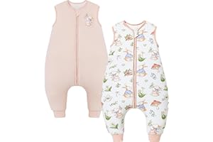 Chilsuessy Toddler Sleeping Bag with Feet 2pcs 2.5 Tog Baby Sleeping Sack with Legs Pyjamas Infant Walking Cotton Wearable Blankets, 2.5 Tog/Pink + Rabbit Garden, 70cm/6-18 Months