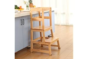 WIIFO Kids Kitchen Step Stool for Kids with Safety Rail, Solid Wood Construction Toddler Learning Stool Tower,Montessori Kitchen (Natural)
