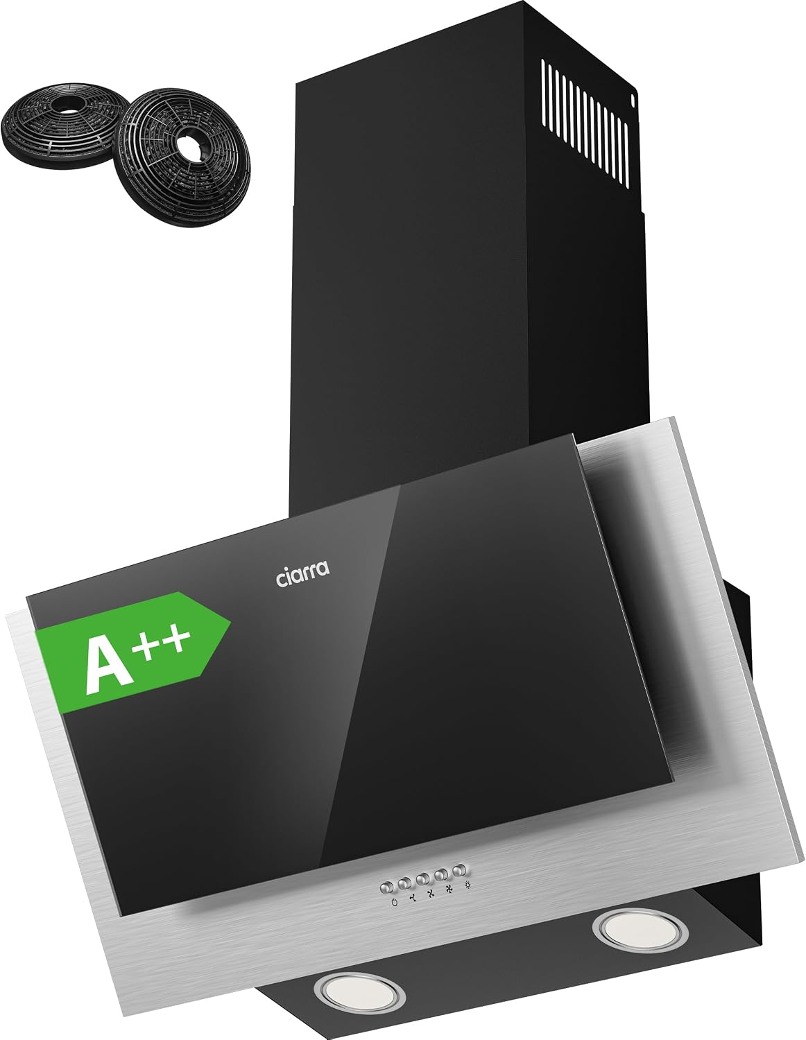 CIARRA CBCB6736C Angled Cooker Hood 60cm with CBCF002X2 Carbon Filters Recirculating & Ducting LED Lights Black Painting&Tempered Glass Wall Mounted Range Hood 600mm Kitchen Extractor Fan