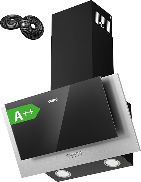 CIARRA CBCB6736C Angled Cooker Hood 60cm with CBCF002X2 Carbon Filters Recirculating & Ducting LED Lights Black Painting&Tempered Glass Wall Mounted Range Hood 600mm Kitchen Extractor Fan - 1