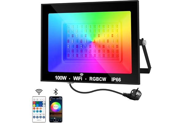 NATPOW Projecteur RGB Extérieur 100W, Spot de Couleur avec Application Bluetooth et Télécommande, IP66 Étanche Floodlight LED Changeant de Couleur, Lumière Led pour Jardins, Patios, Fête, Christmas