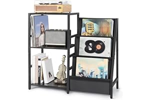 Bikoney Tourne Disque Vinyle Stockage, Platine Vinyle Table d’Appoint avec Stockage D'enregistrements en Vinyle à 3 Niveaux,Rangement Vinyle Jusqu'à 200 Albums,Support Vinyle pour Le Salon (Noir)