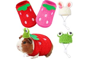 Mixweer 4 Pieces Guinea Pig Stuff Includes 2 Guinea Pig Clothes and 2 Cute Mini Hats with Adjustable Strap Small Animal Warm Vest Cozy Hand Knitted Hat for Hamster Bunny(Frog Style)
