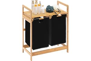 YOUDENOVA Bambusowy kosz na pranie z 2 wysuwanymi workami na pranie, czarny, nowoczesny styl, 73 x 64 x 33 cm, eleganckie wzornictwo, suche torby, łatwy montaż