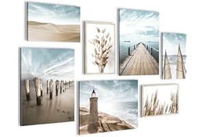 Novart Wandbilder Strand Meer Leuchtturm - KOMPLETT AUFHÄNGFERTIG - Blau Beige Wohnzimmer Schlafzimmer- 7 Moderne Mood-Bilder - N007171a