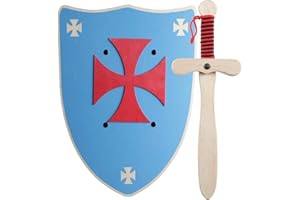 GERILEO Ritter Schwert und Schild aus Holz, Handgefertigtes - Spielzeug für Jungen, Mädchen, Kinder - Ergänzung für Spiele, Imitationsspiele, Kostüme, Mittelalter, Krieger, Mottoparty (Blau Schild)