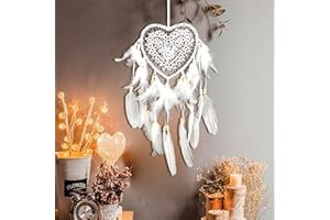 EQLEF Cuore Acchiappasogni, Ornamento di Acchiappasogni Fatto a Mano con Piume da Appendere a Parete per Decorazioni di Nozze in Camera da Letto (Bianco)