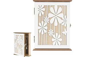 ‎MUMISUTO mumisuto Schlüsselkasten Holz Modern, Schlüsselbox mit 6 Schlüsselhaken, Dekor Schlüsselschrank mit Weißen Blumen Muster für Schlüssel, Schmuck, kleine Gegenstände, 26 x 20 x 6 cm