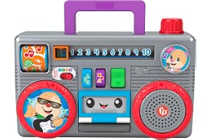 ​​Fisher-Price Laugh & Learn Busy Boombox - UK English Edition, retro-inspired musical infant activity toy with learning content for baby and toddlers