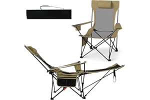 COSTWAY Krzesło kempingowe ze zdejmowanym podnóżkiem, składane krzesło wędkarskie z regulowanym oparciem, zagłówkiem, uchwytem na napoje i kieszenią boczną, składane krzesło na kemping, do wędkowania