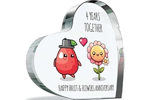 GIFTZIE 4th Anniversary Plaque Gifts for Wife Husband - Happy Fruit Flowers Anniversary - I Love You Romantic Acrylic Heart Gift For Women Men, 100mm x 100mm Present For Couples Fourth Wedding Anniversaries