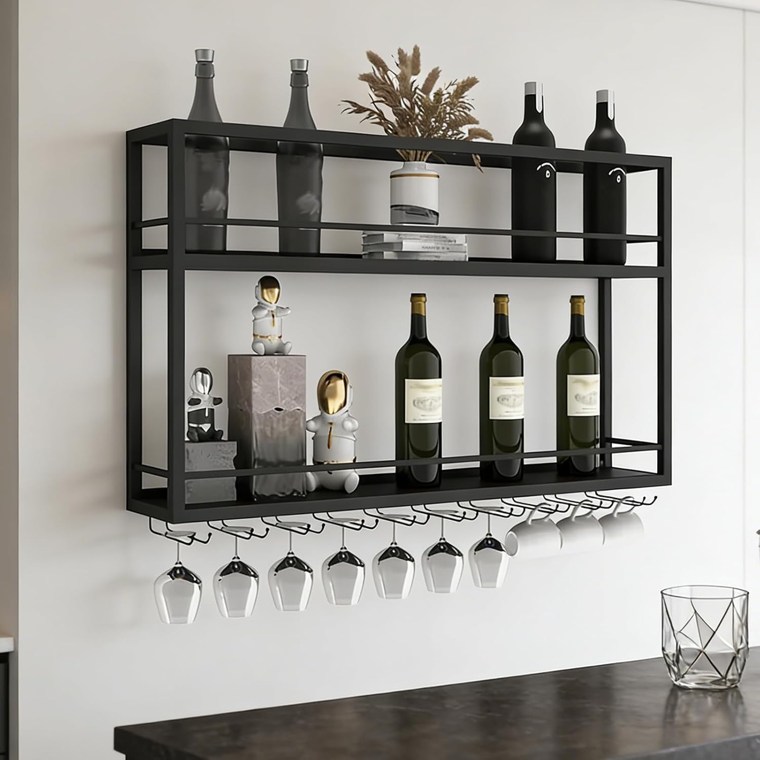 Botellero de Pared Industrial, Estante de Vino Decorativo con Portavasos para Copas, Soporte Para Botellas de Metal, Estante Multi Funcional para Vino para Hogar Bar Comedor Cocina (100×20×65cm)