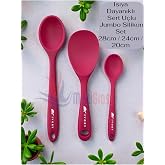 Multiamo Sert U&ccedil;lu Isıya Dayanıklı Silikon Kaşık Seti, 28 cm, 24 cm, 20 cm, Fuşya