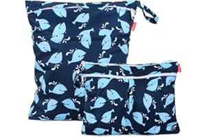 Damero 2 pezzi Bag Pannolino Riutilizzabile, Wetbag Pannolini Lavabili, Borsa per Pannolini per Pannolini per Bambini, Vestiti Sporchi e Altro, (Grande + piccolo, balena)