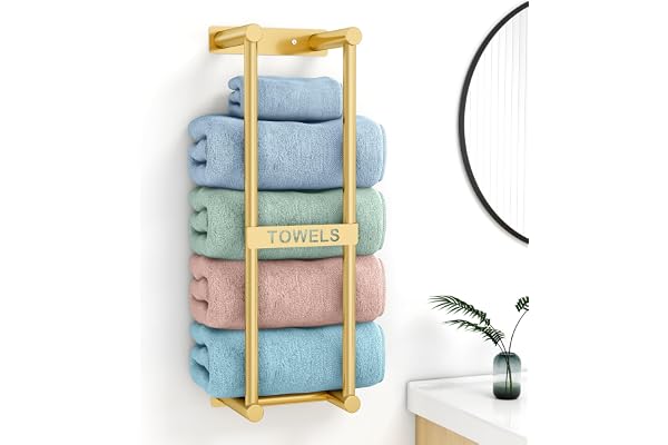 STWWO Porte Serviette Murale 56cm Doré Porte-Serviettes Salle de Bain Range Serviettes pour Serviettes Roulées Support Rangement de Bain, Métal