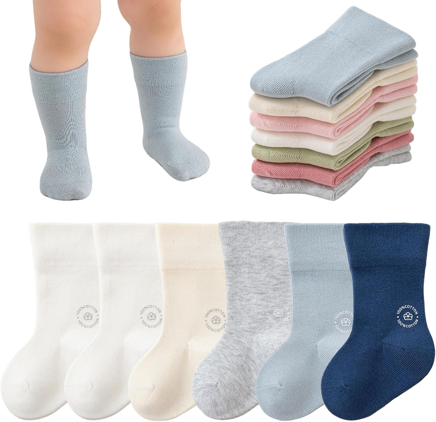 Delgent Bebés Calcetines de Algodón 6 Pares Colores sólidos Calcetines elásticos y suaves Niños Niñas