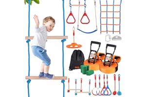 VEVOR Ninja Course para niños Slackline y Kit de Carrera de obstáculos 2x60 pies de Carga 500 lbs 14 obstáculos Equipo de Juego al Aire Libre con Red de Escalada Monkey Bar para Patio Trasero jardín