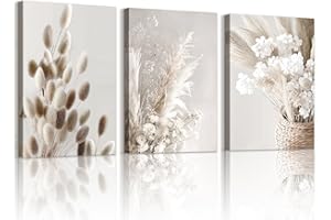 WENGTIAO 3 Pièces Beige Florale Tableau Decoration Murale Encadré Toile Peinture Esthétique Moderne Boho Minimaliste Fleurs Decoration Murale Salon Maison Deco Chambre 30x40cmx3