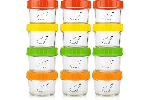 Budding Bear Pot en Verre Bebe 120 ml (Lot de 12) - Pot de Conservation Bebe avec Couvercle Hermétique Adapté au Lave-vaisselle, Congélateur & Micro-Ondes - Sans PBPA, Phthalate, Plomb & PVC