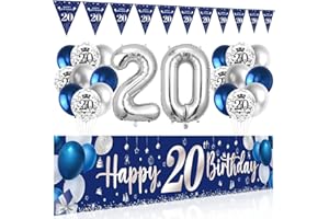 BLUELVES 20. Geburtstag Deko Mann Frau - Happy Birthday Banner Blau Silber, Luftballons, Wimpel Girlande, Hintergrund Ballons Marineblau Silber für Jungen Party Deko