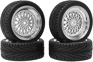 KINGCOO 4PCS 65mm RC Pneus et Route de Voiture,Pneus RC en Caoutchouc Roues en Plastique Revêtement pour 1/10 RC on Road Run-Flating Racing Touring Car pour HSP HPI Kyosho Tamiya (Argent)