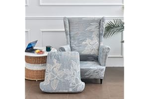 Highdi Funda de Sillón de Orejas Elástica, Funda de Sofá Relax 2 Piezas con Funda de Cojín, Patrón Clásico Fundas Protector de Butaca para Dormitorio, Recepción, Club (Hojas Grises)