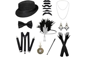 Okabay 1920s Women Men Costume Accessories Set,20pcs Roaring Retro Gangster Costume with Hat, Bow Tie, Pocket Watch, Suspender, Glasses, Beard, Armband Garters, Pocket Watch
