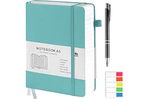 Agoer Cuaderno A5 azul claro, tapa dura y cierre elástico, 100 g/m², cuaderno de notas a rayas con 320 páginas numeradas, Bullet Journal con bolígrafo y notas adhesivas para oficina, escuela