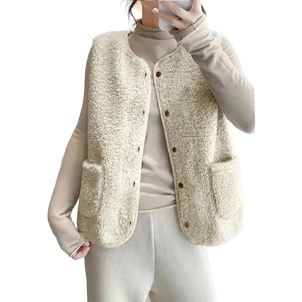 Gilet Femme Sans Manche Doux Laine Mouton Polaire Boutonnée