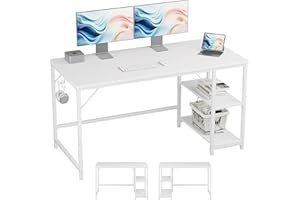 JOISCOPE Escritorio, Mesa para Ordenador, Mesa de Trabajo, Mesa Gaming con Gancho para Auriculares, 2 estantes, 140 x 60 cm, Mesa Blanca