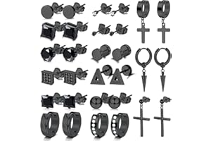 JeweBella 15 Paar Ohrringe Herren Schwarz Set Edelstahl Hypoallergen Punk Gothic Ohrringe Rund Zirkonia Ohrstecker Set Creolen Tropfen Kreuz Ohrringe für Männer Damen