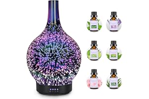 BOBOLYN Diffuseur d'huiles essentielles avec 6x10ml Set d'huiles Essentielles Diffuseur d'air électrique Humidificateur pour huiles essentielles Diffuseur d'arôme à ultrasons 120 ML Arrêt Automatique