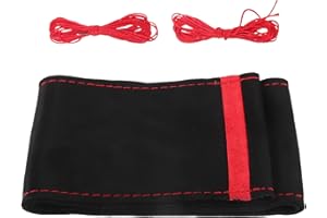 A ABSOPRO Car Hand Sewn DIY Steering Wheel Cover Breathable Comfortable 32-35cm Stitch on Wrap Cover Suede Red Black Stitches Red