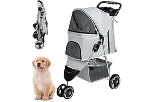 CAMPSOR Hundewagen mit 3 Rädern, Faltbare, mit Aufbewahrungskorb und Getränkehalter, 360 ° Vorderrad, Hinterrad mit Bremse, Haustier Kinderwagen für kleine mittlere Hunde & Katzen (Grau)