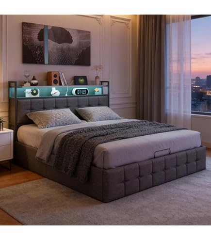 Gestoffeerd bed, 140 x 200 cm, metalen bed, jeugdbedden, tweepersoonsbed, met hoofdeinde met opbergruimte en metalen lattenbodem, zonder matras, voor volwassenen, jongeren, houtkleur, zwart (140 x 200