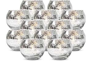 NUPTIO 12 Pezzi Portacandele Votive Rotondo in Cristallo - Realizzato in Vetro di Mercurio con Finitura Argento Maculata - Decorazioni o Decorazioni per la Casa