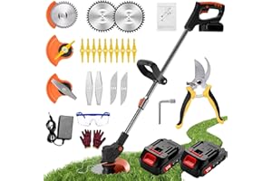 Gompuy Strimmer, Cordless Garden Strimmer with Blades, Grass Trimmer 90° Head Adjustment, Electric Strimmer with 2 X 21V Battery and UK Charger, Brush Cutter is Suitable for Small and Medium Gardens
