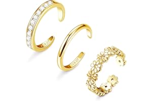 JeryWe 3 Piezas Anillo Pie para Mujer Niñas 14k Oro Relleno Ajustable Flor Banda CZ Meñique Playa de Verano Anillo de Pie Abierto Joyería para Pies